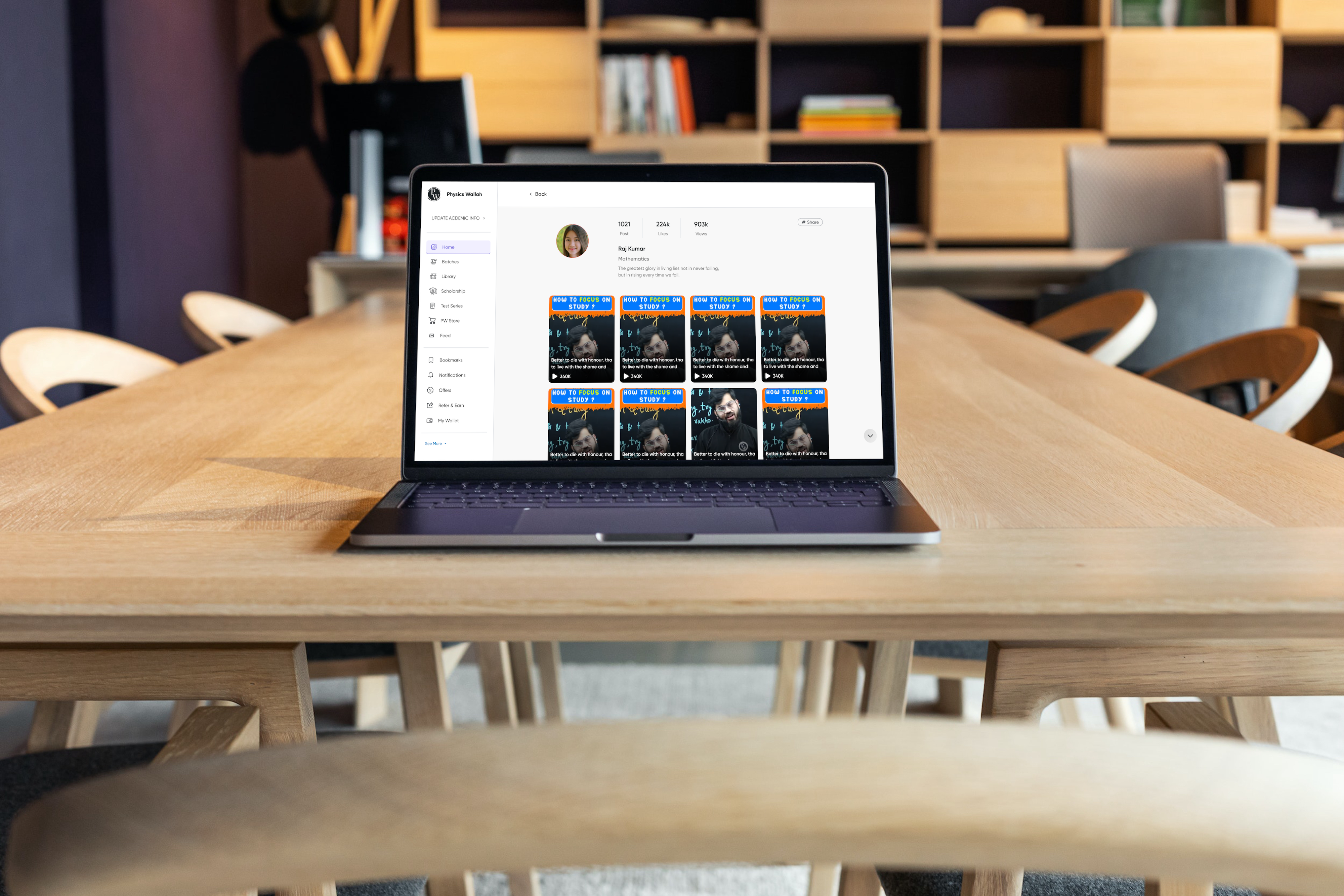 PW Quick Learning — laptop mockup in library setting