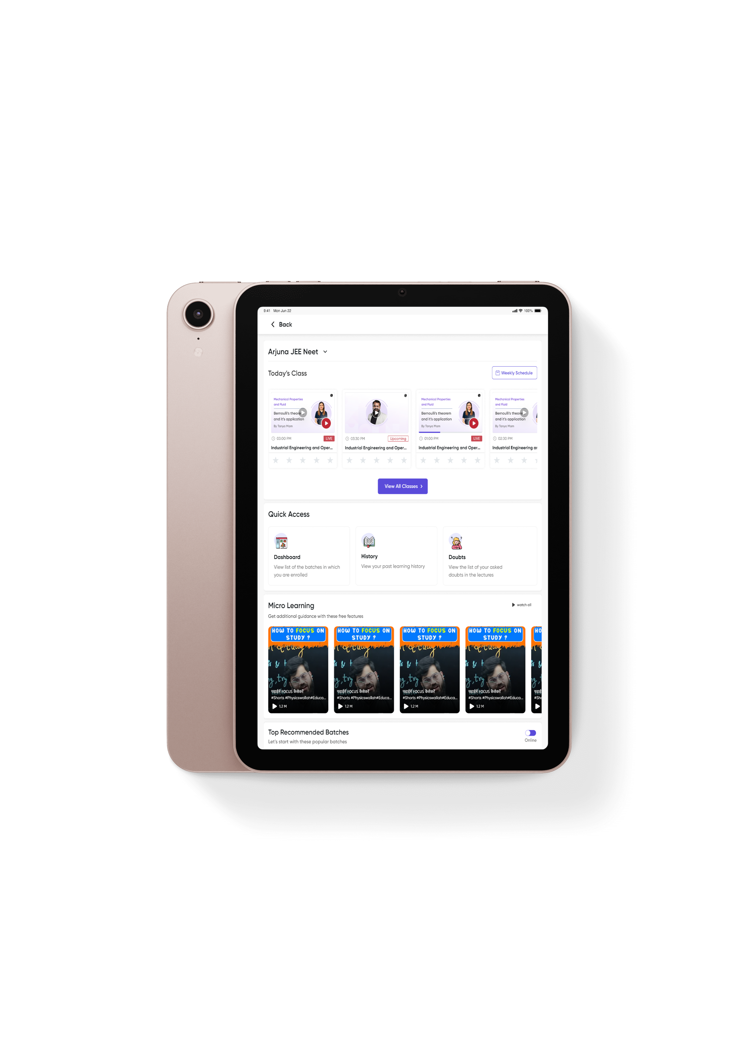 PW Quick Learning — phone mockup showing video feed